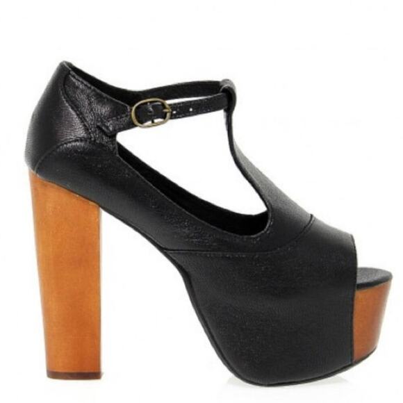 Jeffrey Campbell Women's Black Foxy Wood Platform Heel Sandals T-strap Size 8.5 - Picture 2 of 10
